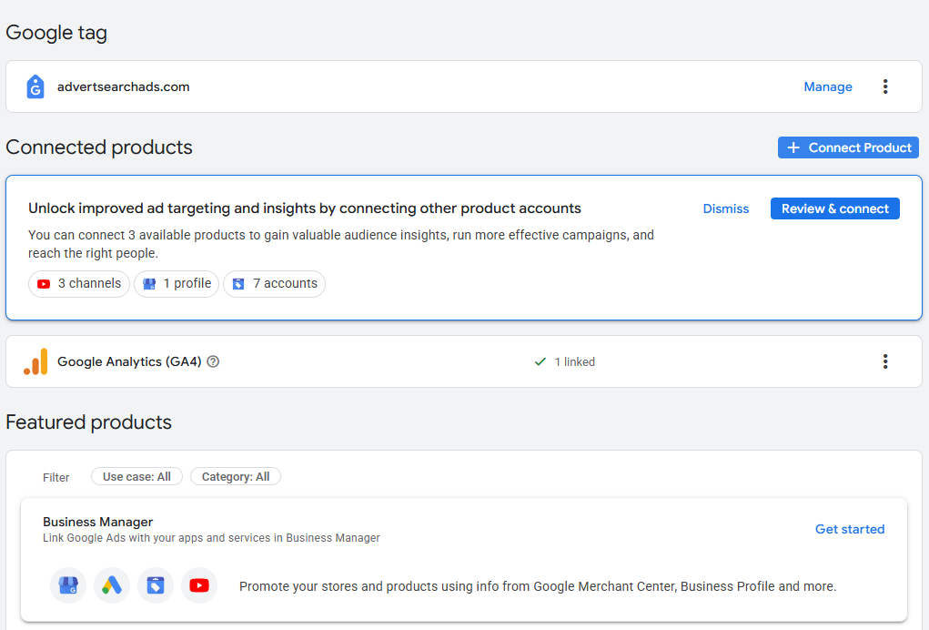 ภาพตัวอย่างการเชื่อมต่อระหว่างบัญชี Google Ads และ Google Analytics GA4